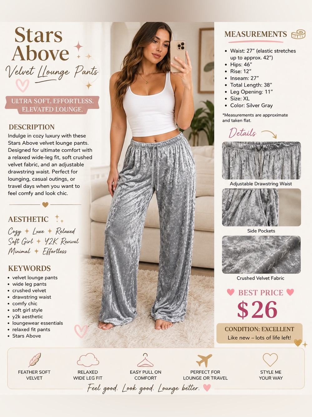 stars above Silver Crushed Velvet Lounge Pants